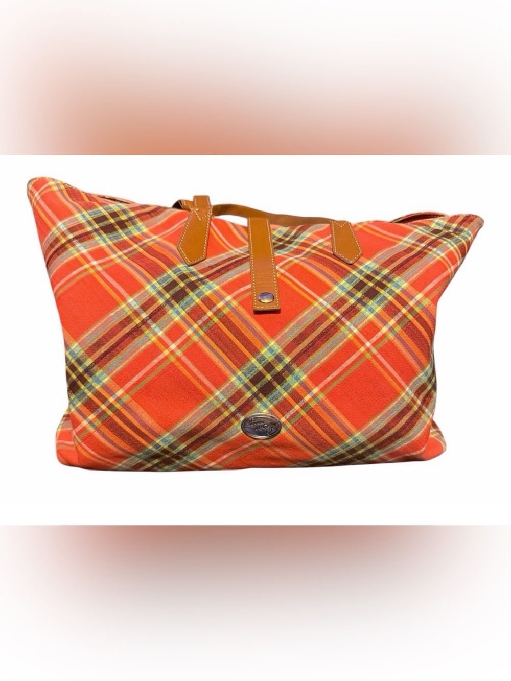Vivienne Westwood Orange Plaid Tote with Tan Leather Trimv